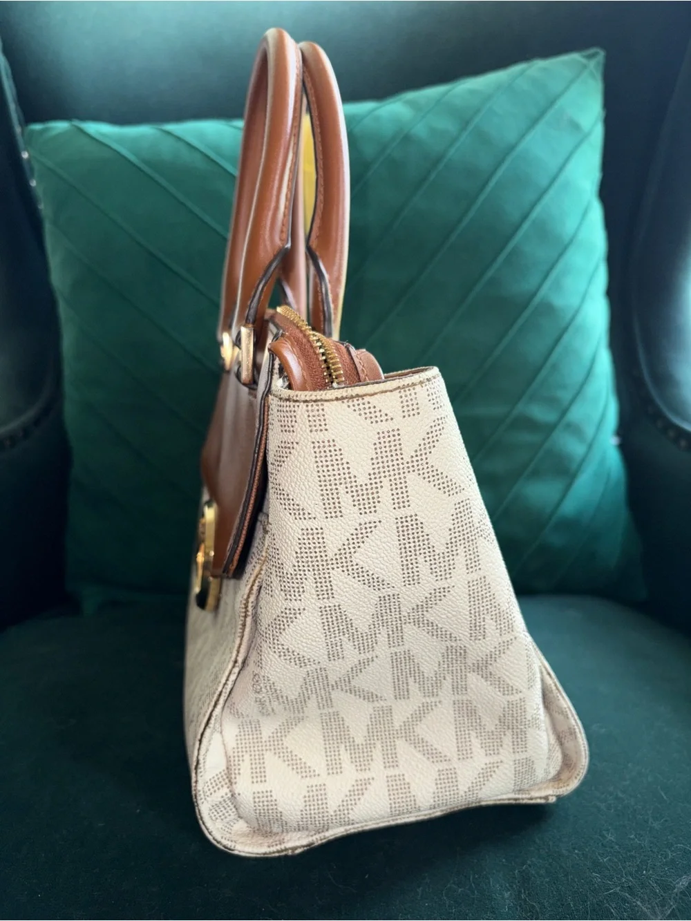 Michael Kors Hudson Satchel & Crossbody in Cream Logo with Brown Leather Trim